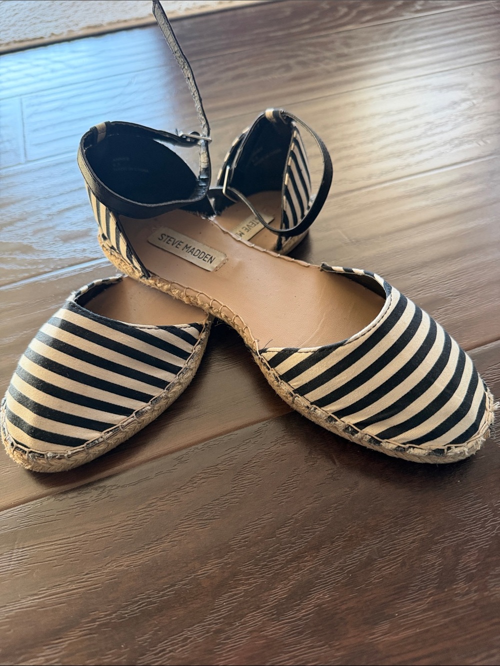 Steve Madden Black and White Striped Ankle-Strap Espadrilles
